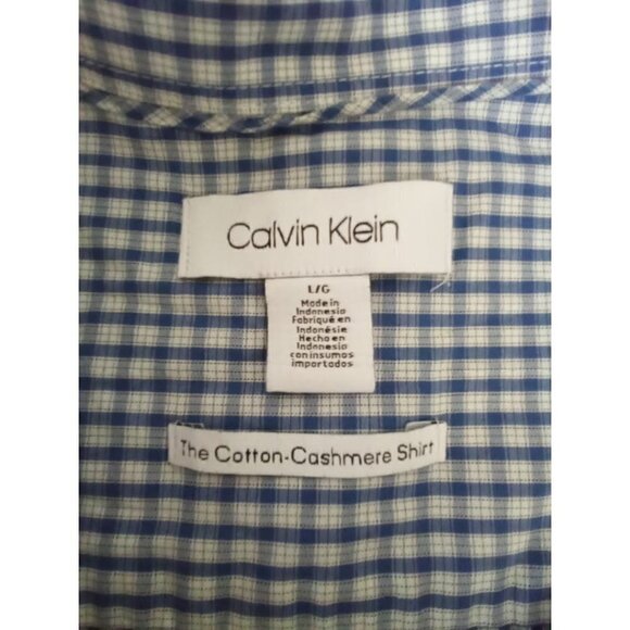 Calvin Klein Blue Checkered The Cotton Cashmere Casual Button Down Shirt Sz L - Picture 5 of 8